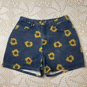 Vintage 1990s Cyclone Women's Juniors 11 Black Sunflower AOP Denim Shorts